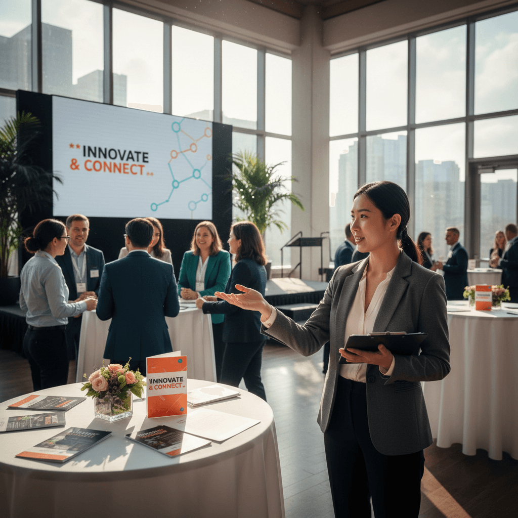 Professional event attendees networking at a branded conference setup