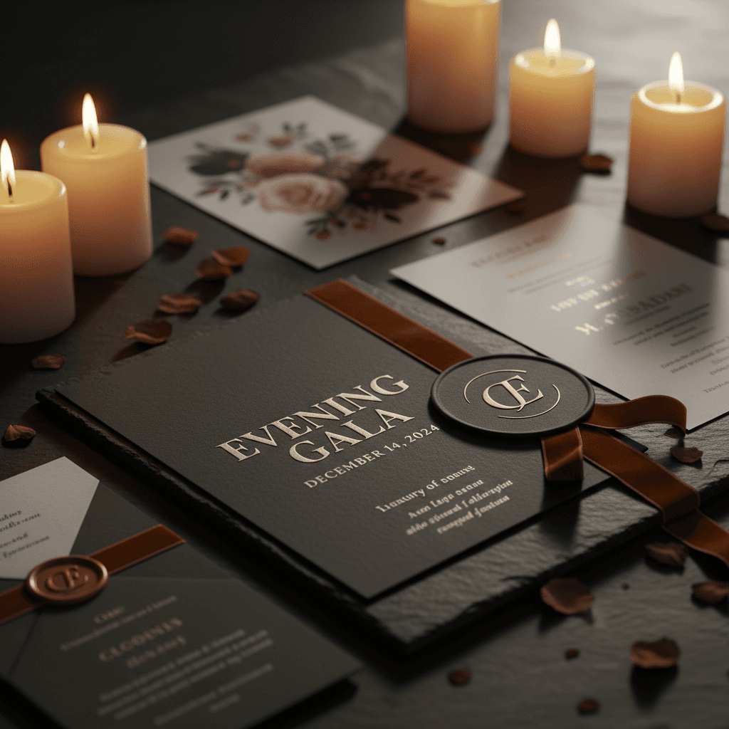 Close-up of professionally designed event marketing collateral and printed materials