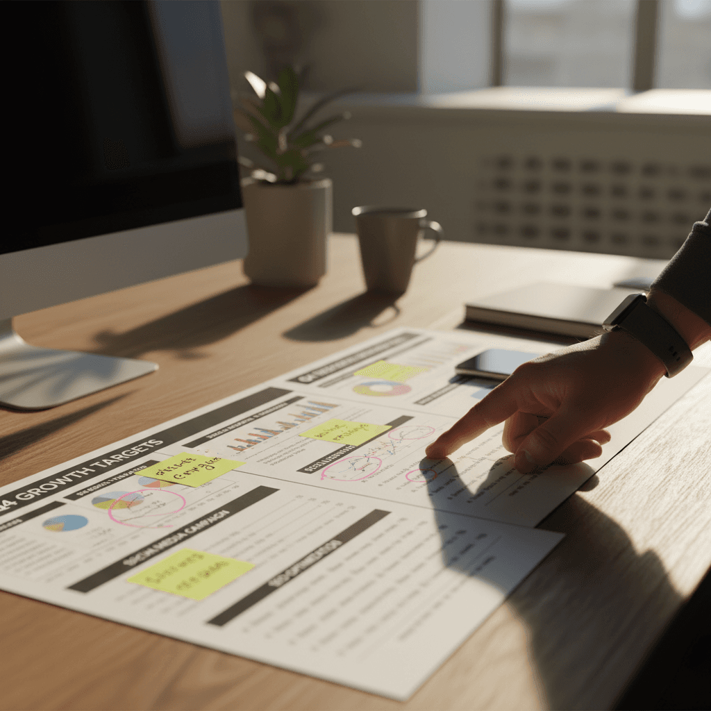 Marketing strategist reviewing campaign plan with data analytics