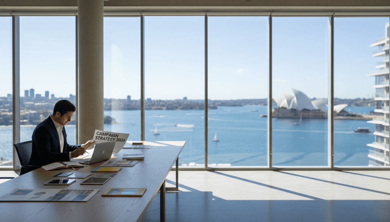 Modern marketing professional reviewing strategy documents in a Sydney office with harbour views