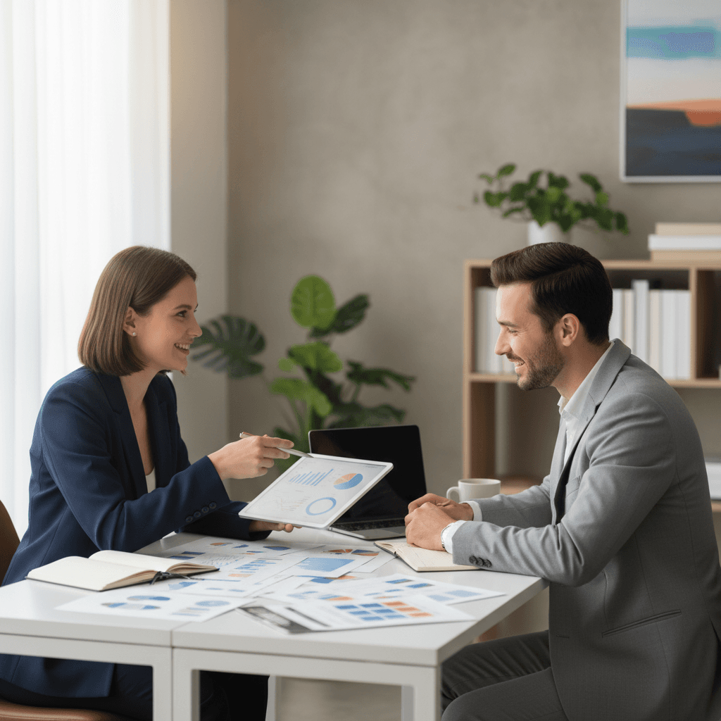 Marketing consultant discussing campaign strategy with business client