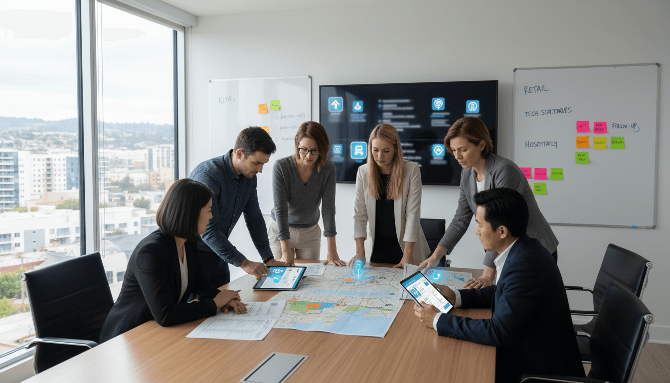 Diverse team collaborating on lead generation strategy at conference table with geographic and prospect data analysis