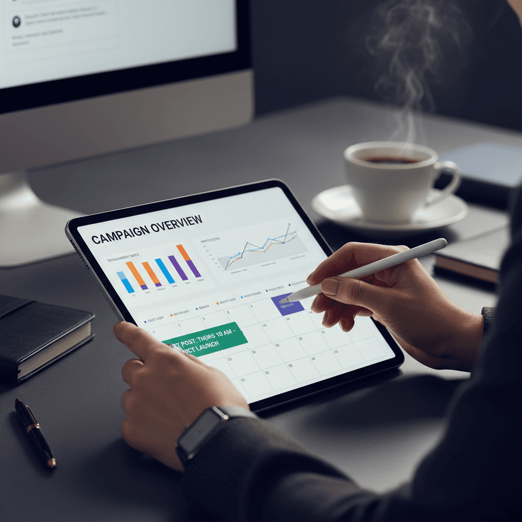 Professional's hands on tablet displaying colorful social media analytics and content calendar dashboard