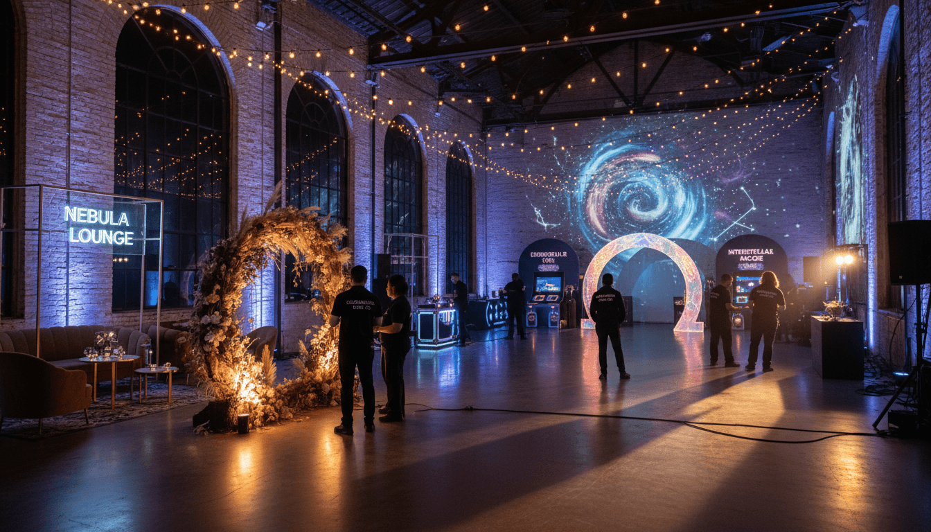 Wide venue transformation shot showing immersive themed setup with ambient lighting, interactive zones, diverse staff coordinating elaborate celebration space